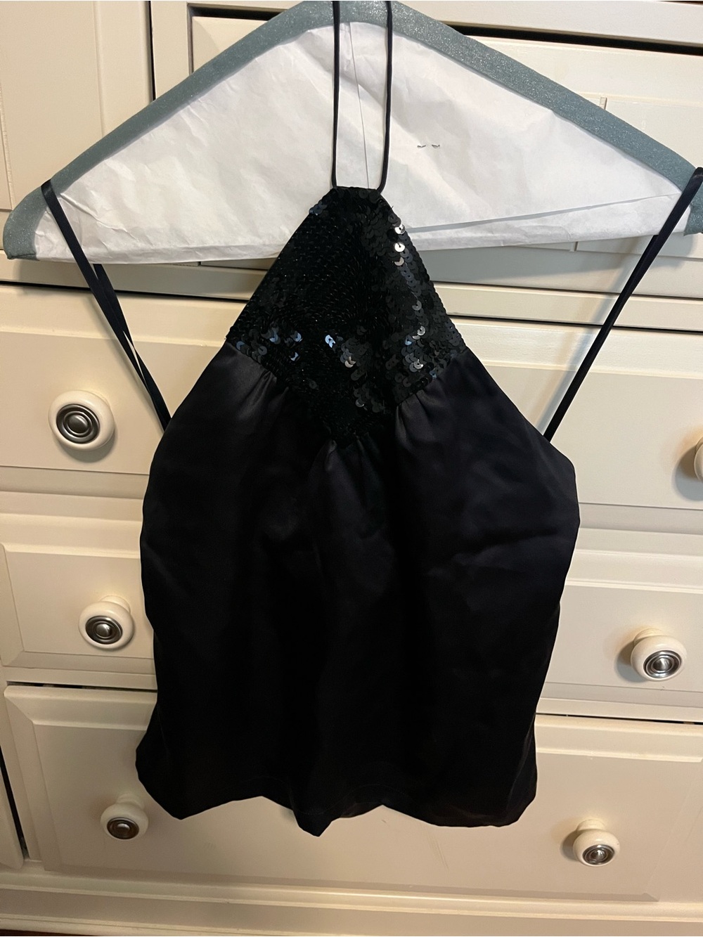 French Connection Black satin Halter tie Top with sequin detail at top chest.